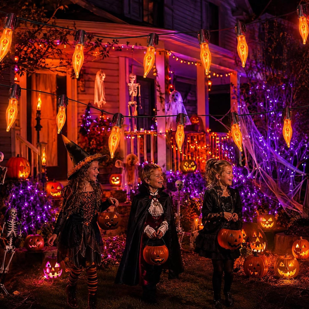 Halloween Lights 27.8 FT Flickering Flame String Lights with 25 Orange C18 Li...