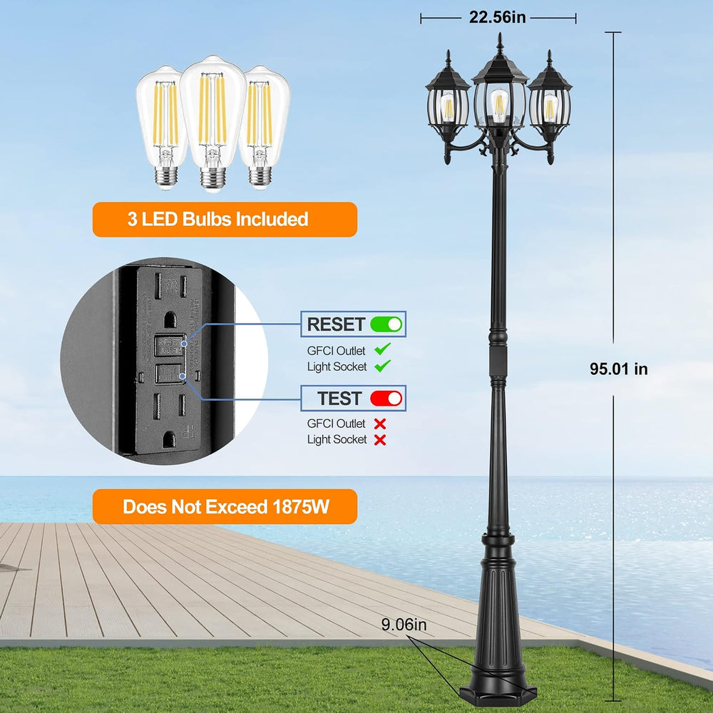 PARTPHONER Outdoor Lamp Post Light with GFCI Outlet, 3-Head Classic Black Lig...