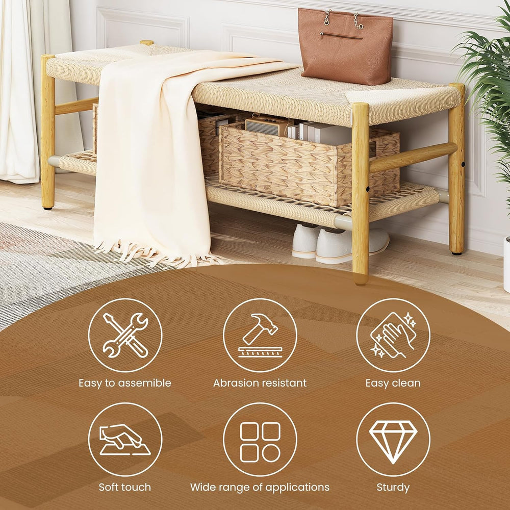 Recaceik Indoor Entryway Bench with Paper Cord Ottoman & Grid Storage Rac...