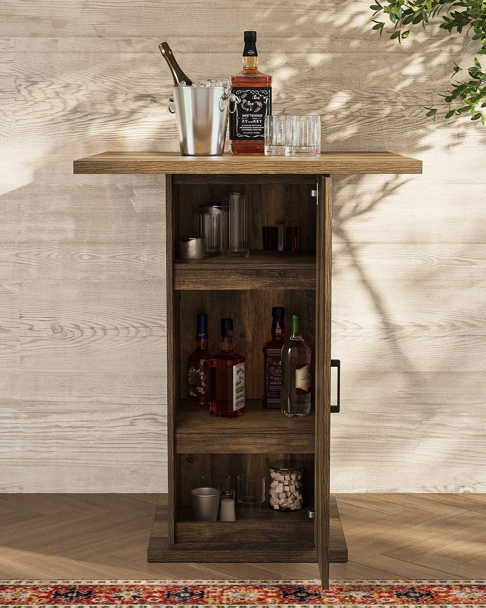 LITTLE TREE Bar Table with Storage Cabinet, 39.4" H Square High Top Pub ...