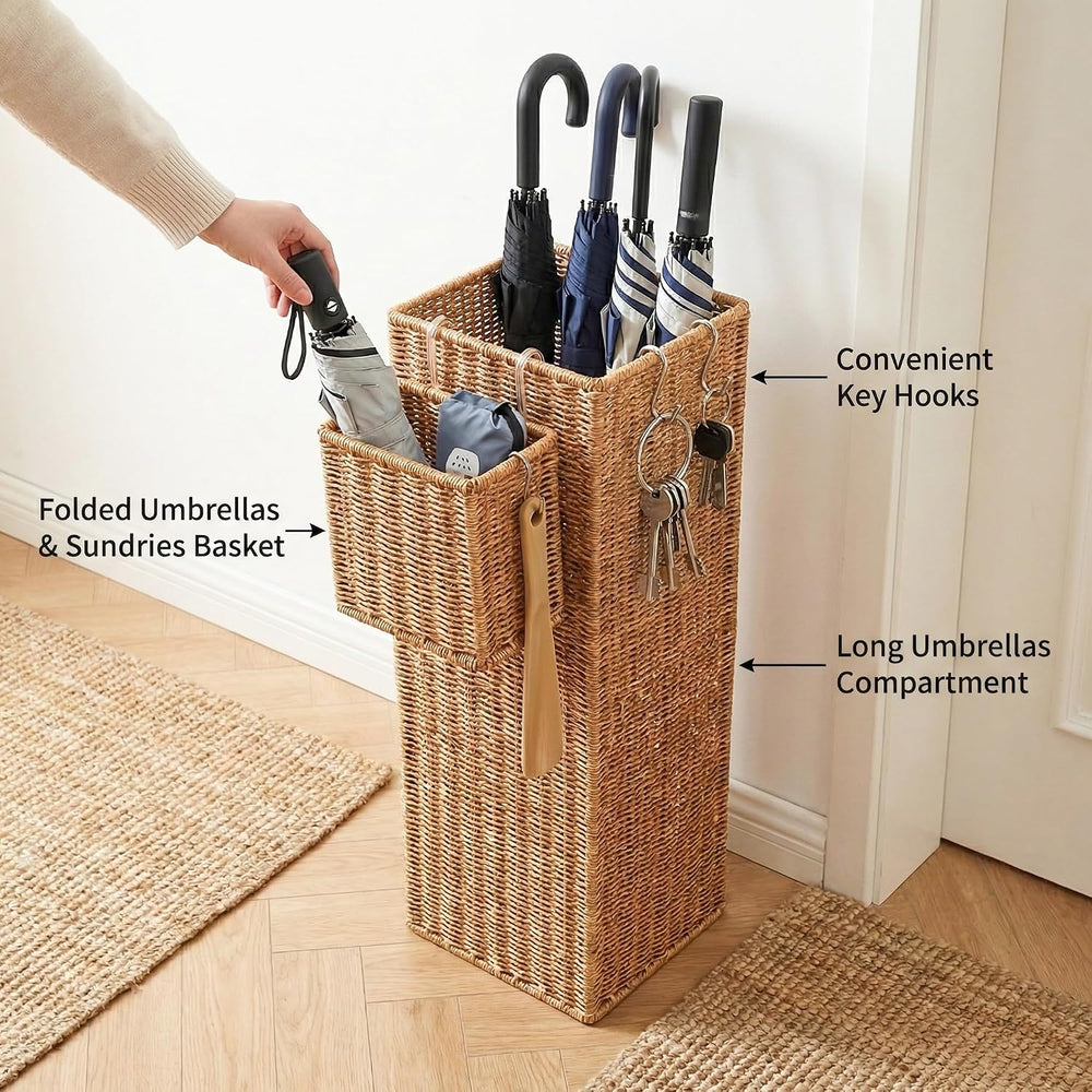 Wicker Umbrella Stand for Entryway, Tall Rattan Holder with Tray