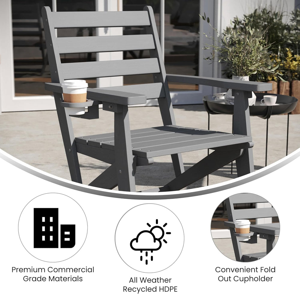 Flash Furniture HDPE Adirondack Dining Chair with Cup Holder, Gray