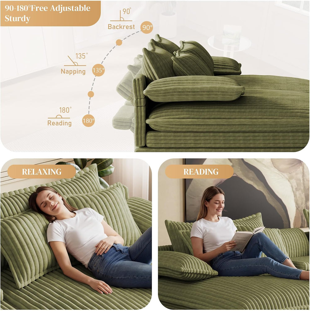 114" Oversized Double Chaise Lounge, Corduroy Sofa Bed with Storage,Green