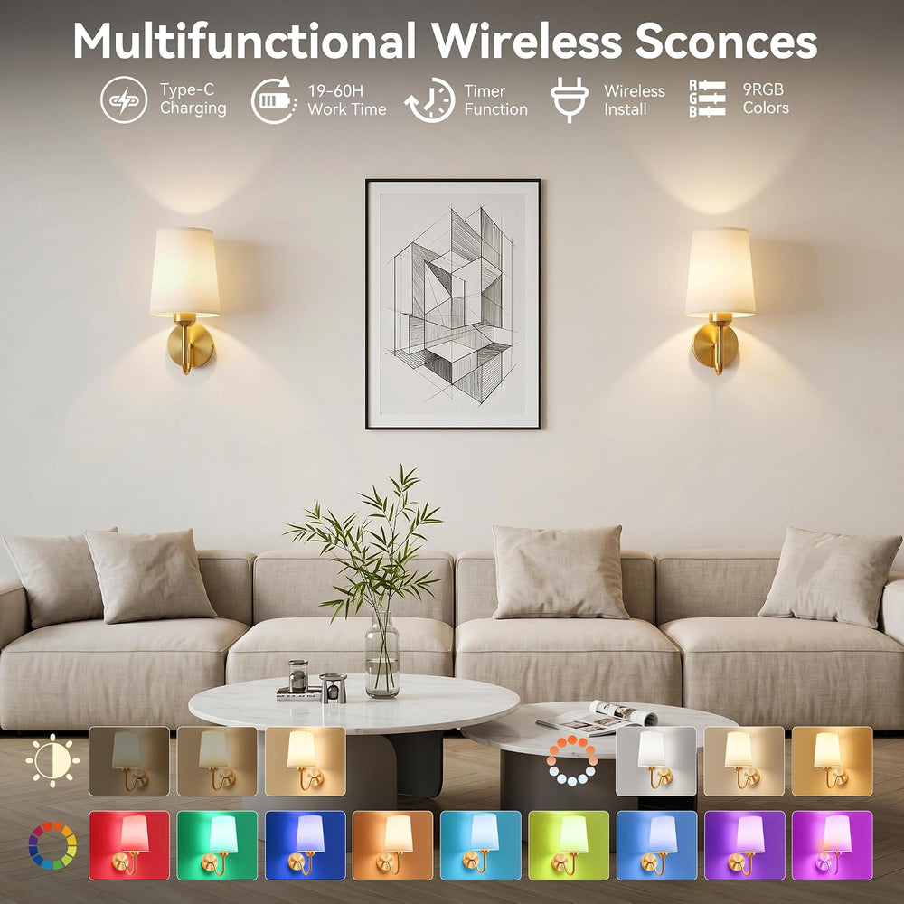 Battery Operated Wall Sconces Set of 2, Remote Control, RGB Bulb, Gold