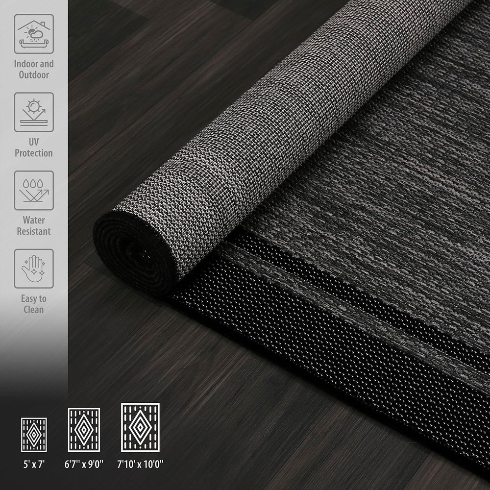 CAMILSON Indoor Outdoor Rug, 8x10 Bordered Dark Gray Black Modern Area Rugs f...