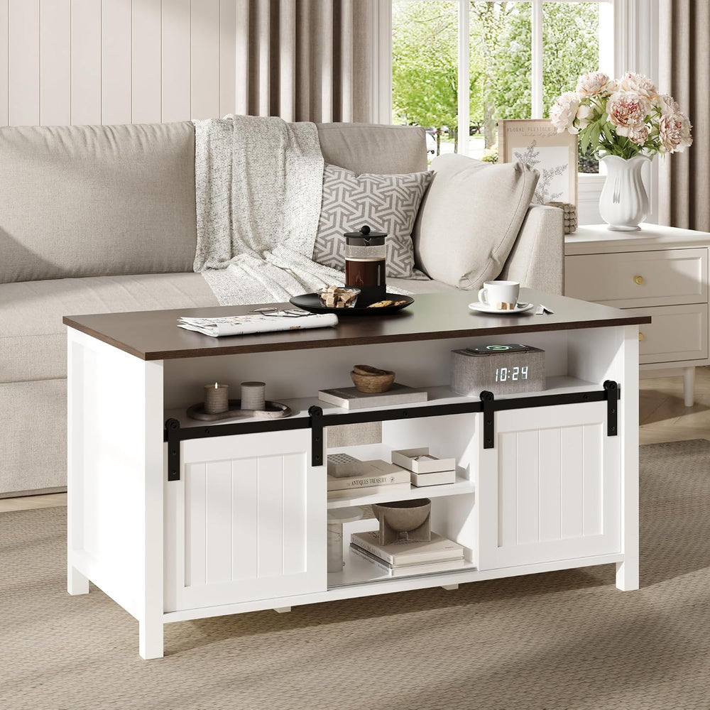 MHOM Farmhouse Coffee Table with Storage, Rustic Living Room Table with Slidi...