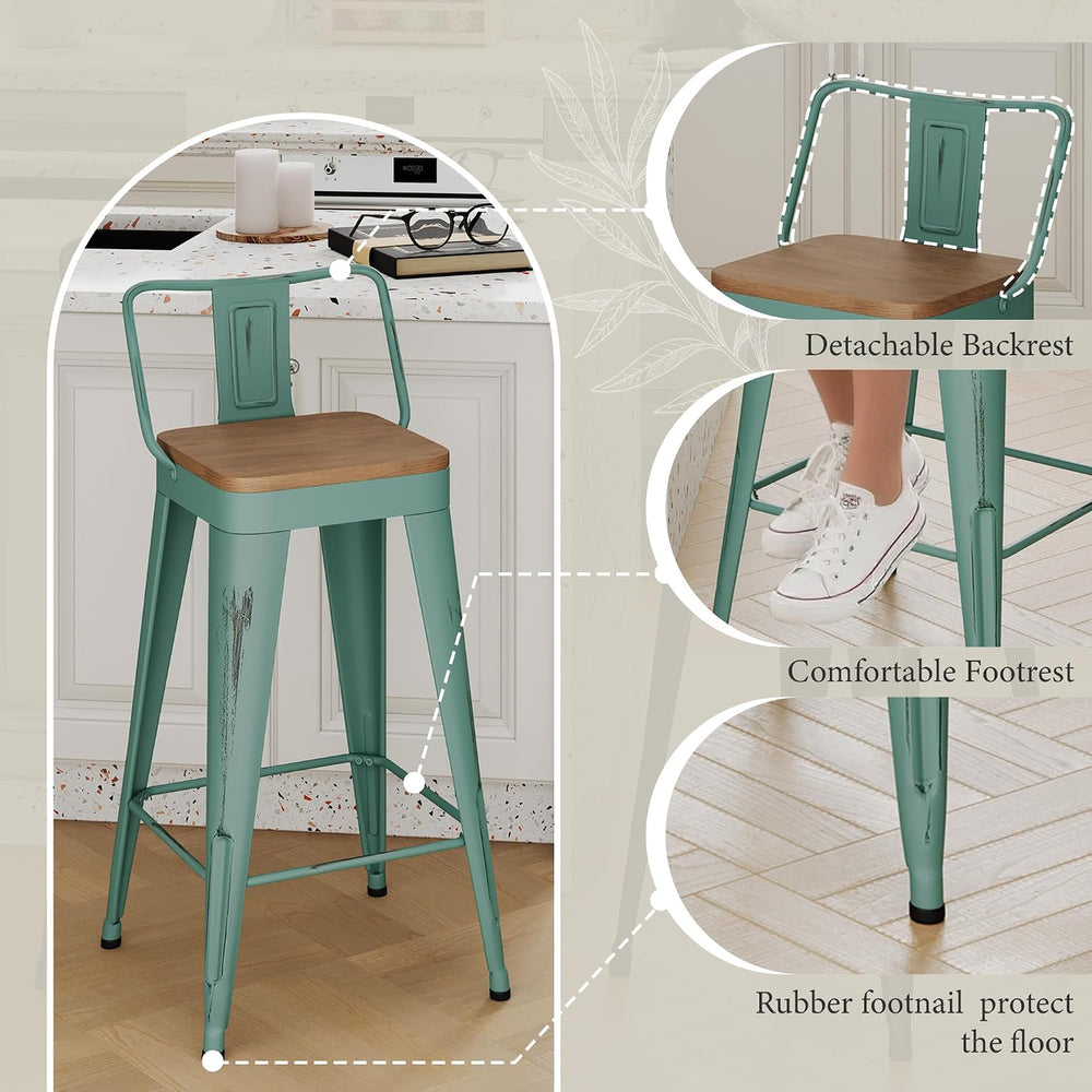 Andeworld Bar Stools Set of 4, 24" Distressed Barstools, Green Blue