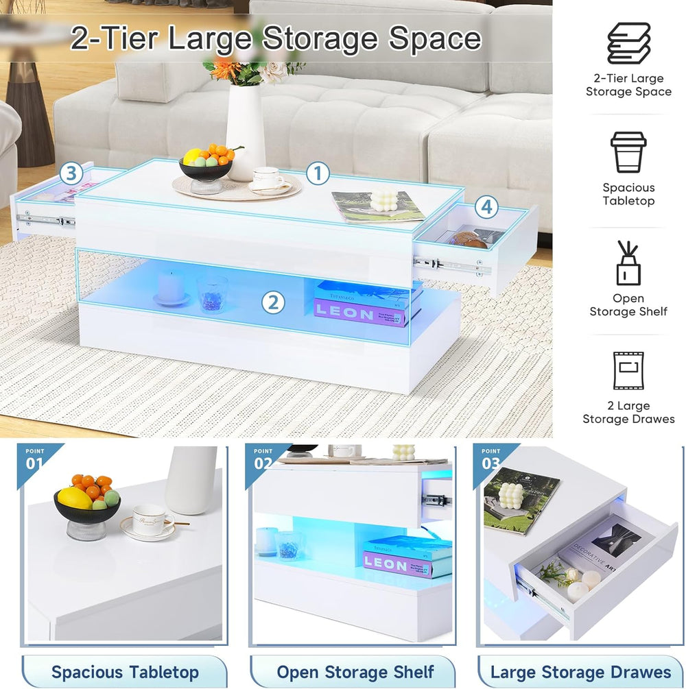 Verano Garden Modern High Gloss LED Coffee Table, 2-Tier Center Table