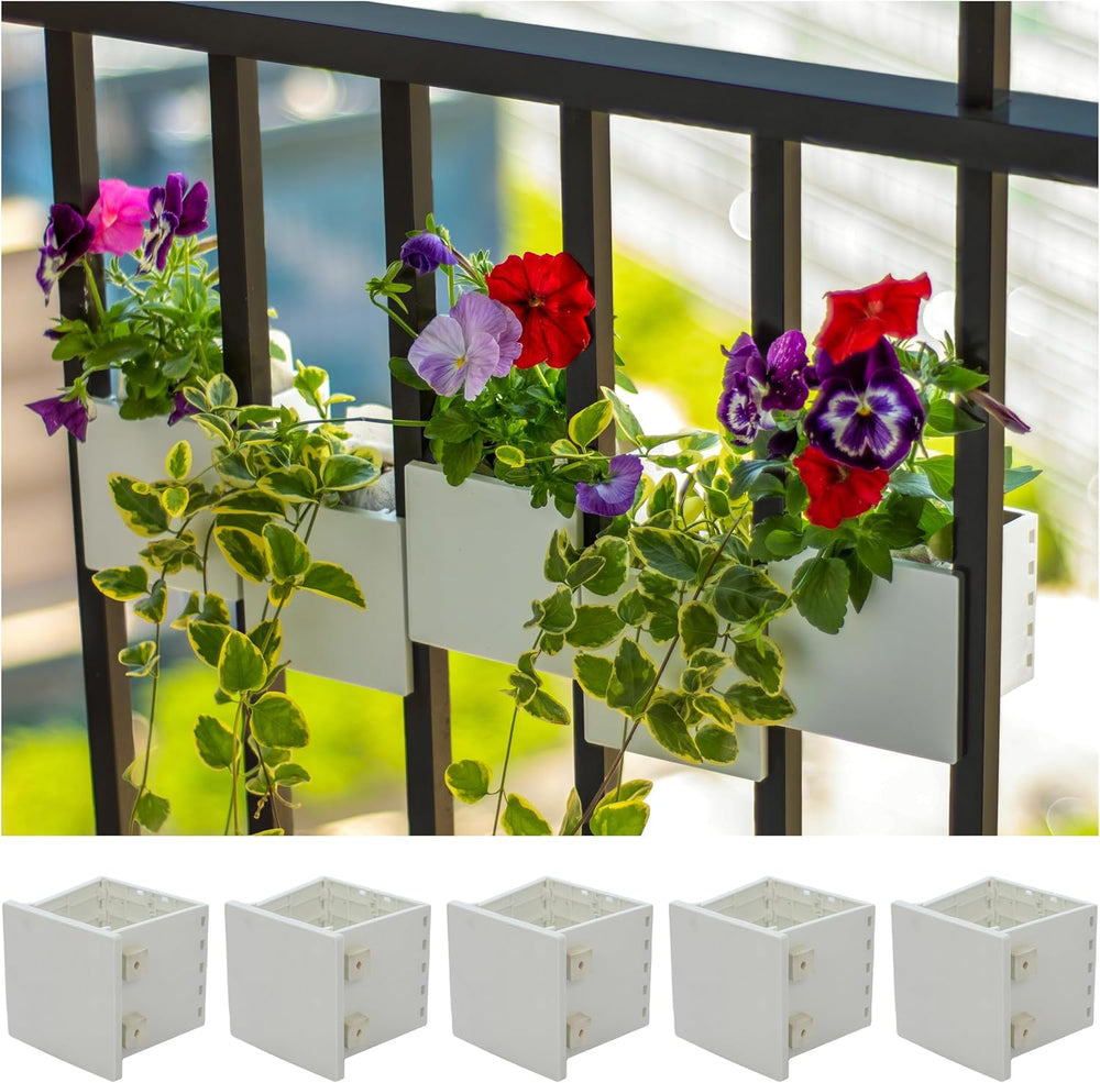 Railing Planter 5-Pack, White (4-inch) | Tool-Free Space-Saving Floating Flow...