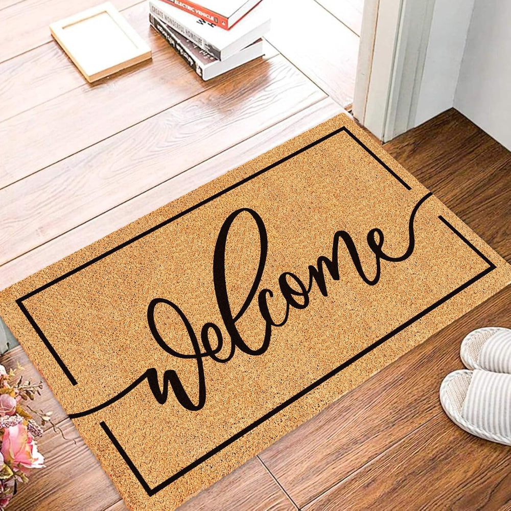 JarThenaAMCS Welcome Natural Coir Doormat with Black Border, 16.5 x 29.1 in