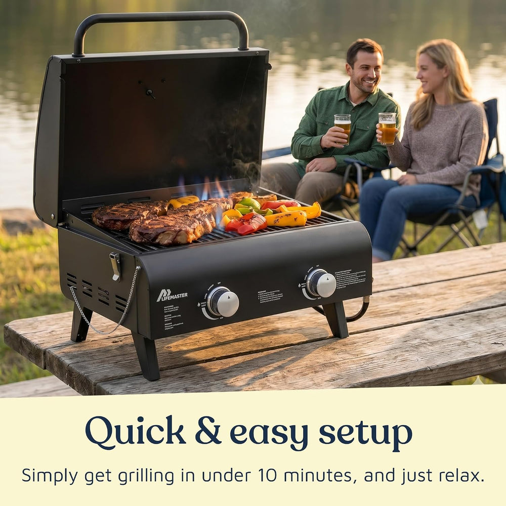 Black Portable Gas Grill, Dual 10,000 BTU Burners, 275 Sq.In Cooking Space, P...