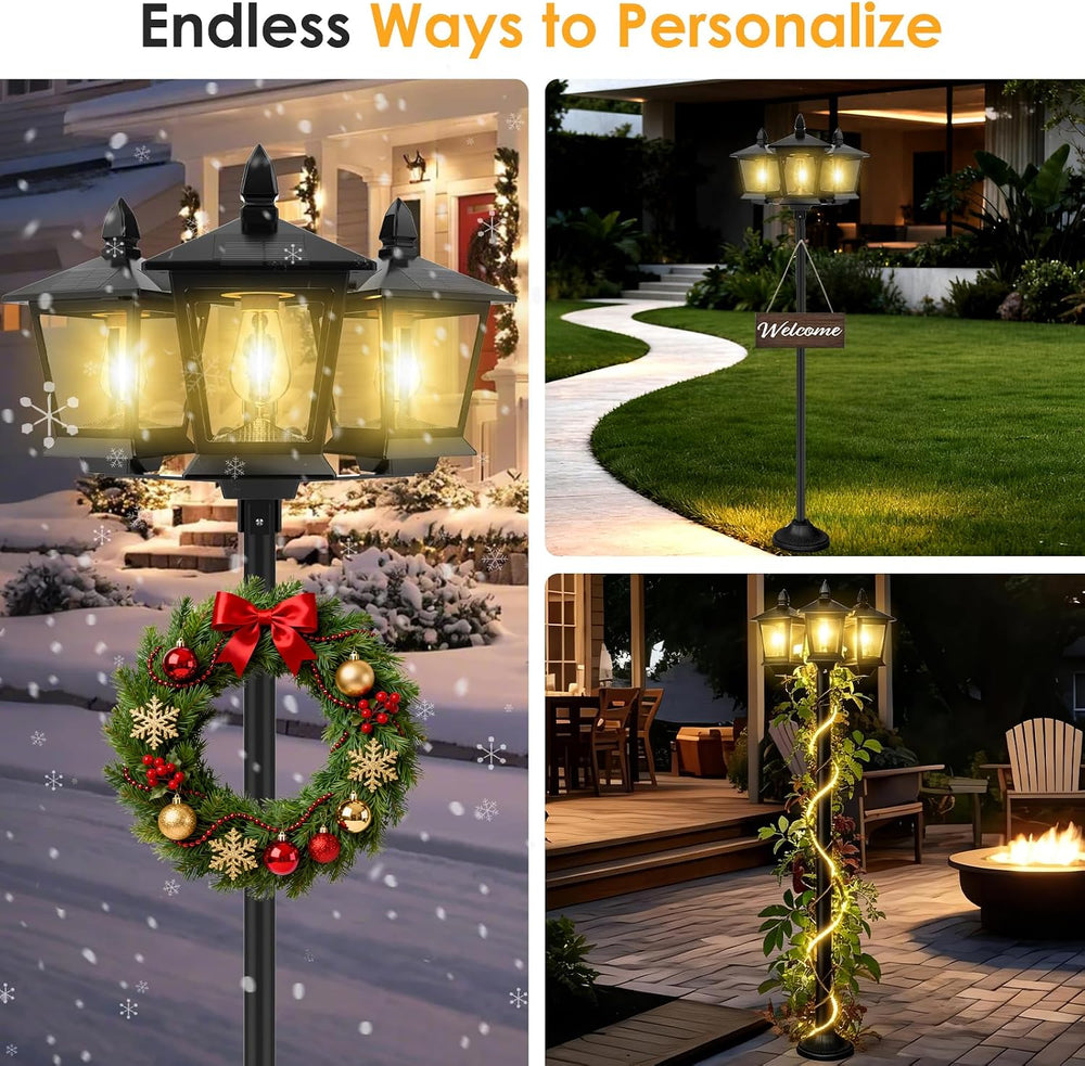 3-Head Solar Lamp Post Light, 73" Outdoor Post Lights, Solar Post Lights...