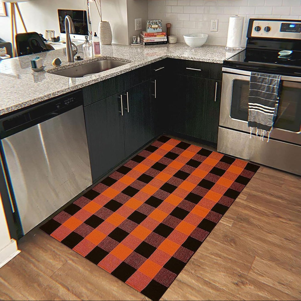 Fall Outdoor Rug Orange Buffalo Plaid Outdoor Rug Cotton Hand-Woven Buffalo C...