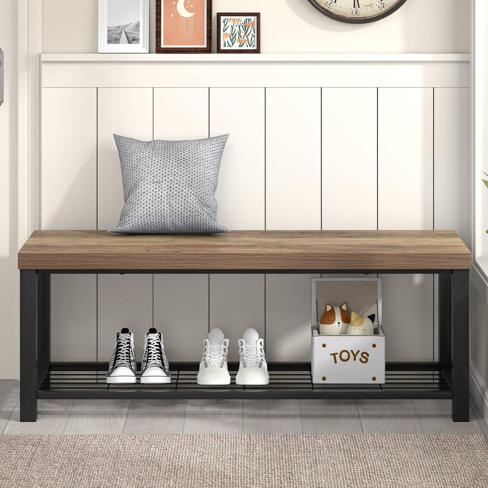 FOLUBAN Entryway Bench, Industrial Wood and Metal Storage Bench with Metal Sh...