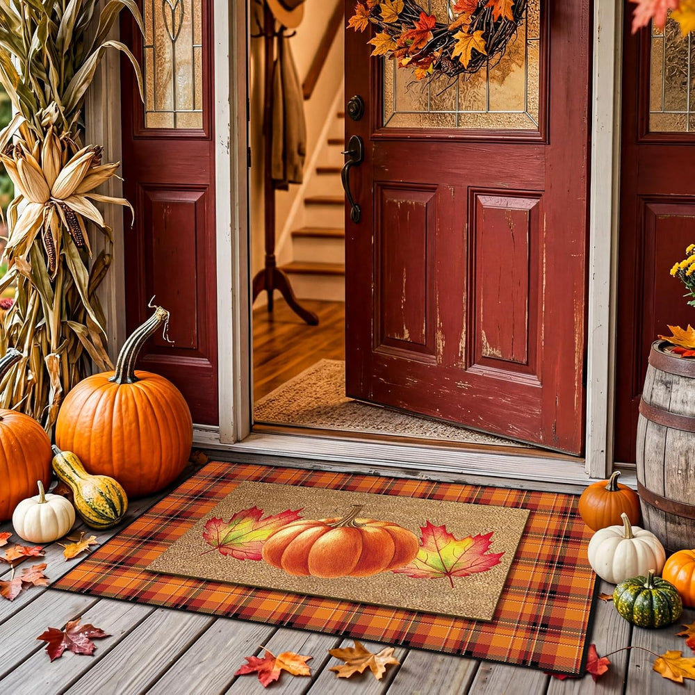 Fourluoo 2 Pcs Fall Door Mat Set Buffalo Plaid Pumpkin Decor