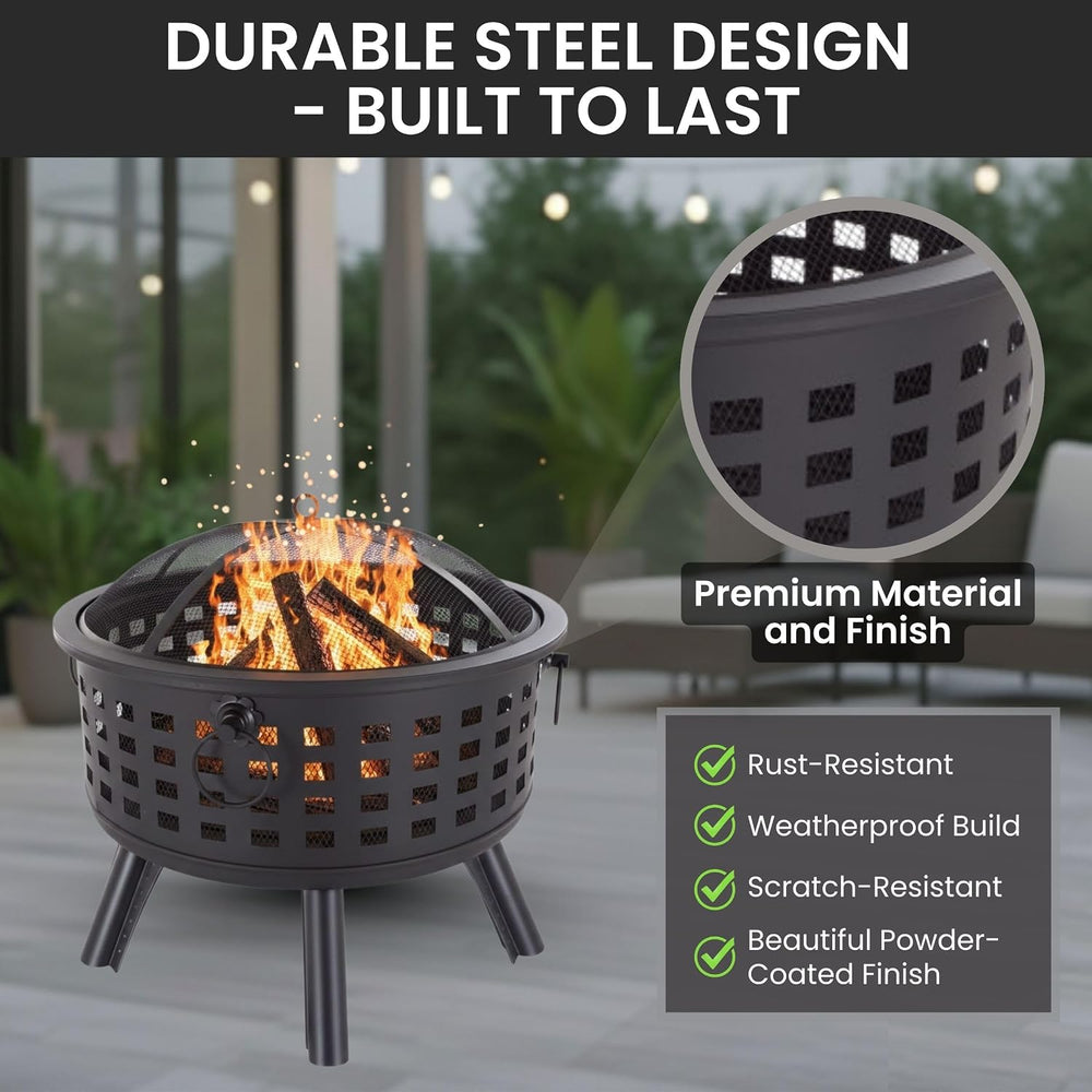 Outdoor Fire Pit - 26-Inch Round Lattice Wood Burning Firepit with Screen, Po...