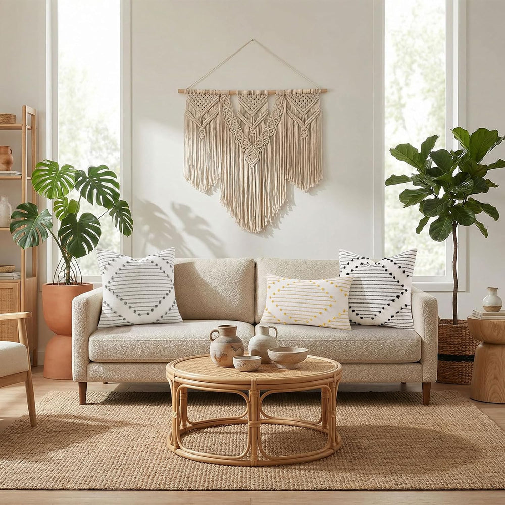 Mecatny Boho Outdoor Throw Pillow Covers 18x18 Set of 2 Beige & Cream White