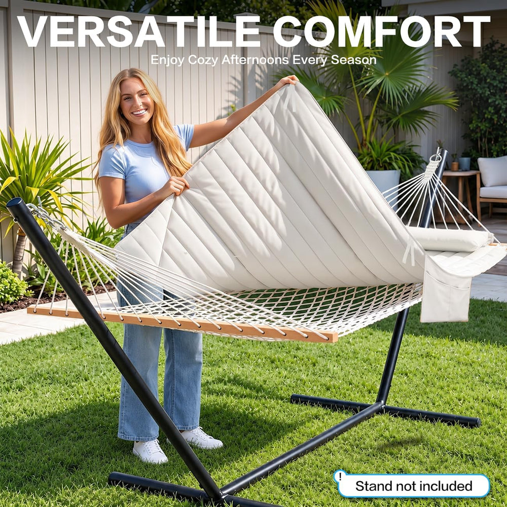 GAFETE 14FT 2 Person Handwoven Rope Hammock for Outside with Removable Pad