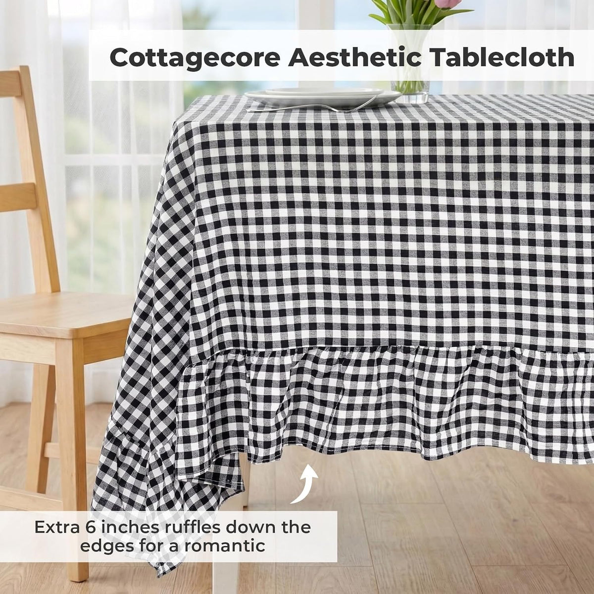 PartyDelight Gingham Ruffle Tablecloth Black White Checkered Rectangular Washed Cotton Table Cover for Modern Farmhouse Kitchen Decor Halloween Cottagecore Classic Holiday(60x102 Fits 6-9 Seats)