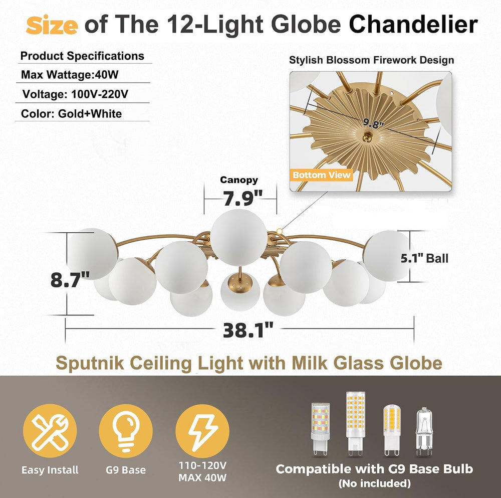 12-Light Large Bubble Ceiling Light with Milk Glass Globe Lampshade, Gold
