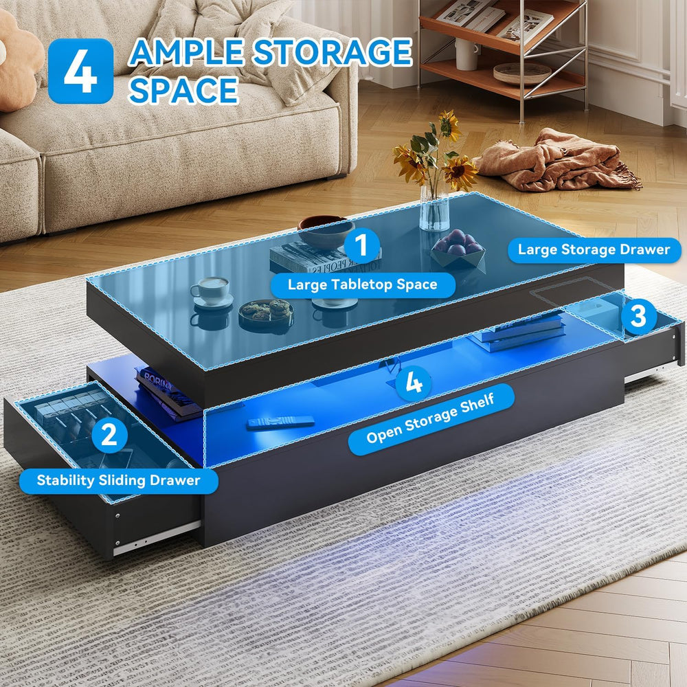 47" High-Glossy LED Coffee Table with 2 Sliding Drawers,Black