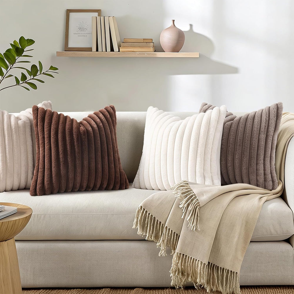 Simmore Faux Fur Striped Tan Throw Pillow Covers 26x26 Set of 2