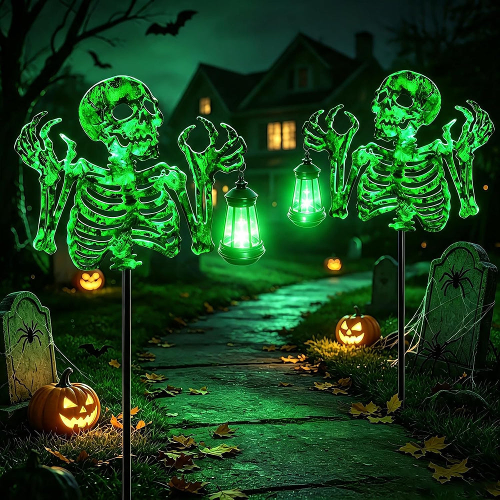Halloween Skeleton Decorations Outdoor,Spooky Green Glowing Iron Skull