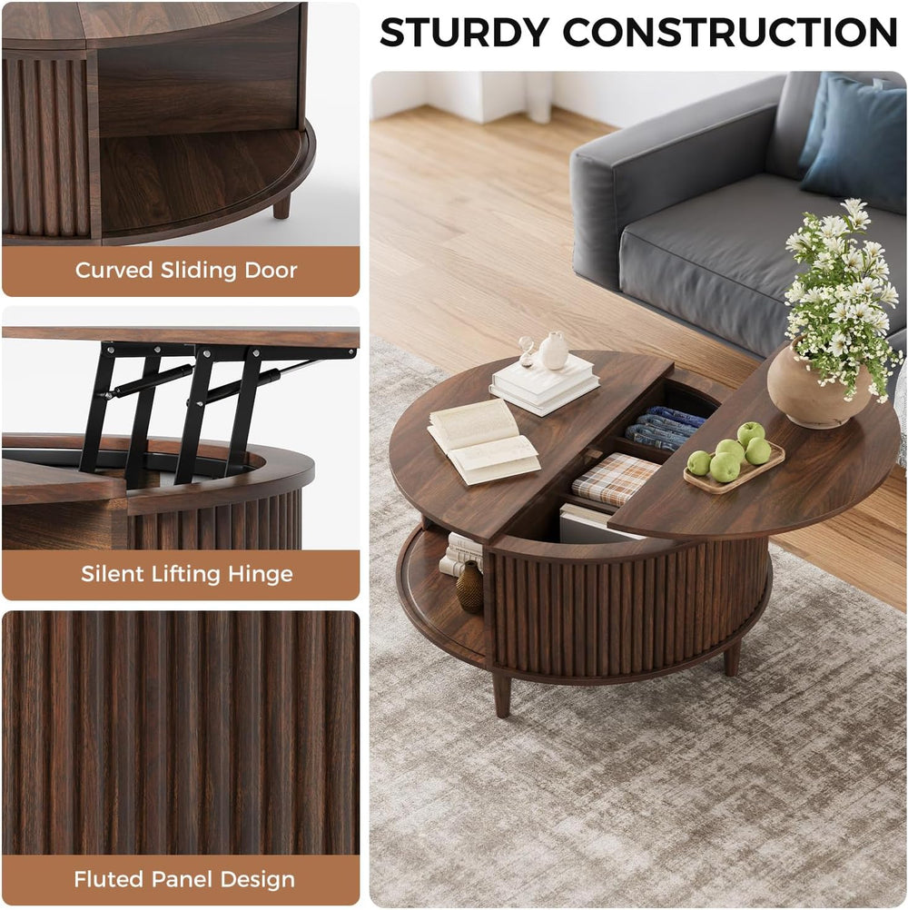 Lift Top Coffee Table with Storage, Fluted Round Center Table with Sliding Ca...