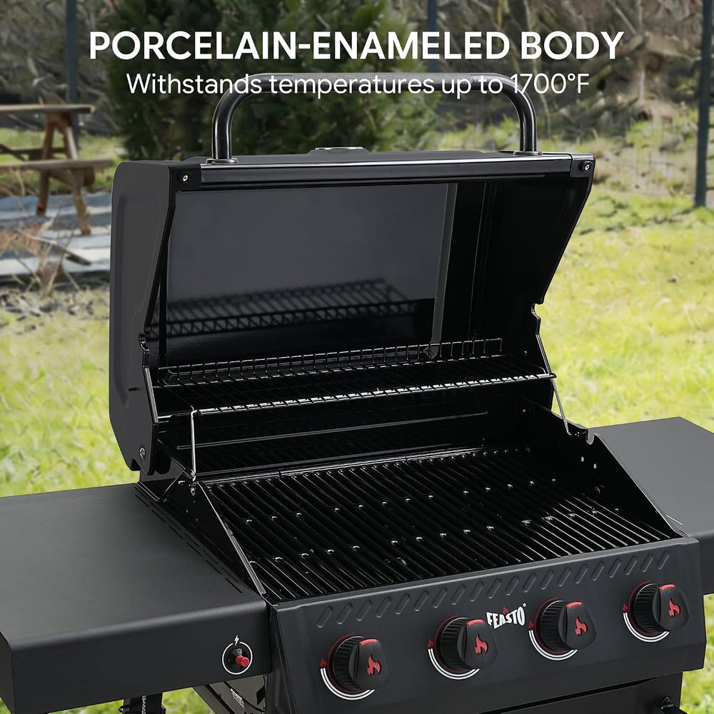 Feasto 4-Burner Propane Grill with Ceramic Burner Chamber, Black