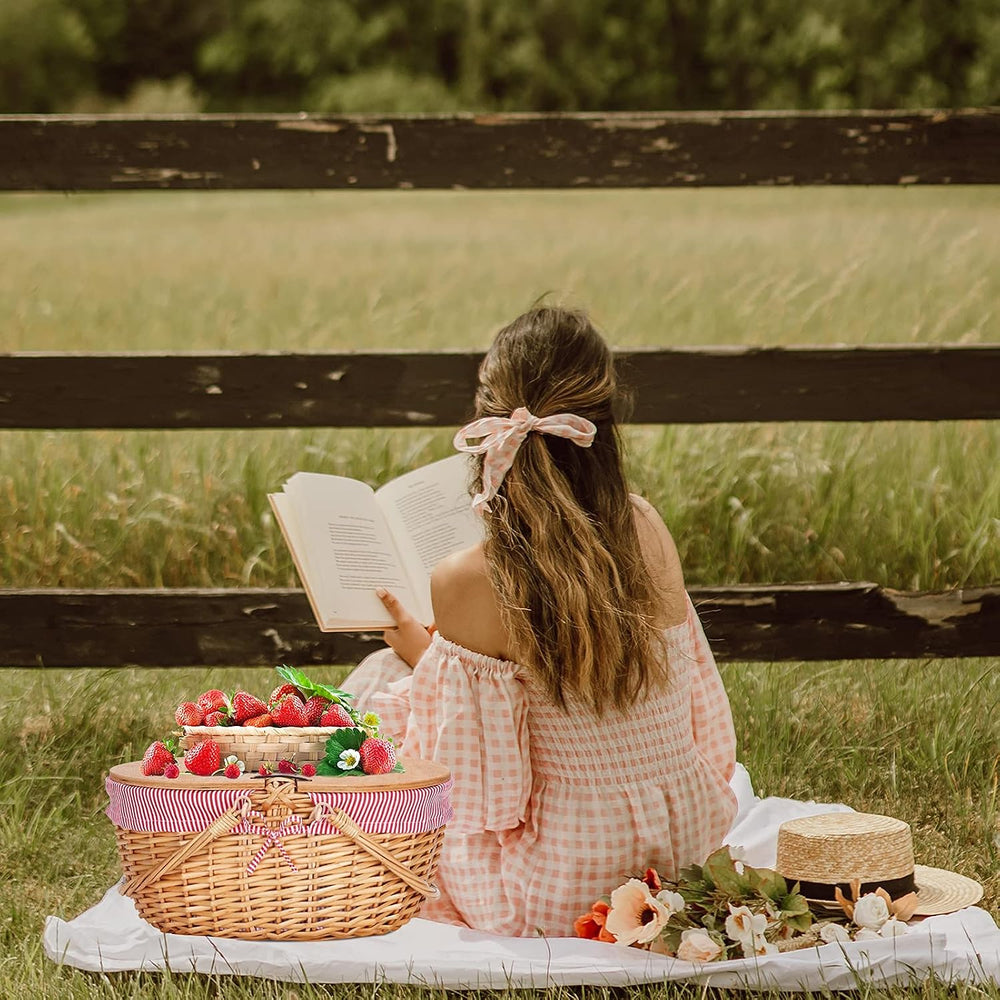 Wicker Picnic Basket with Liner, Wooden Split Lid Picnic Basket, Red