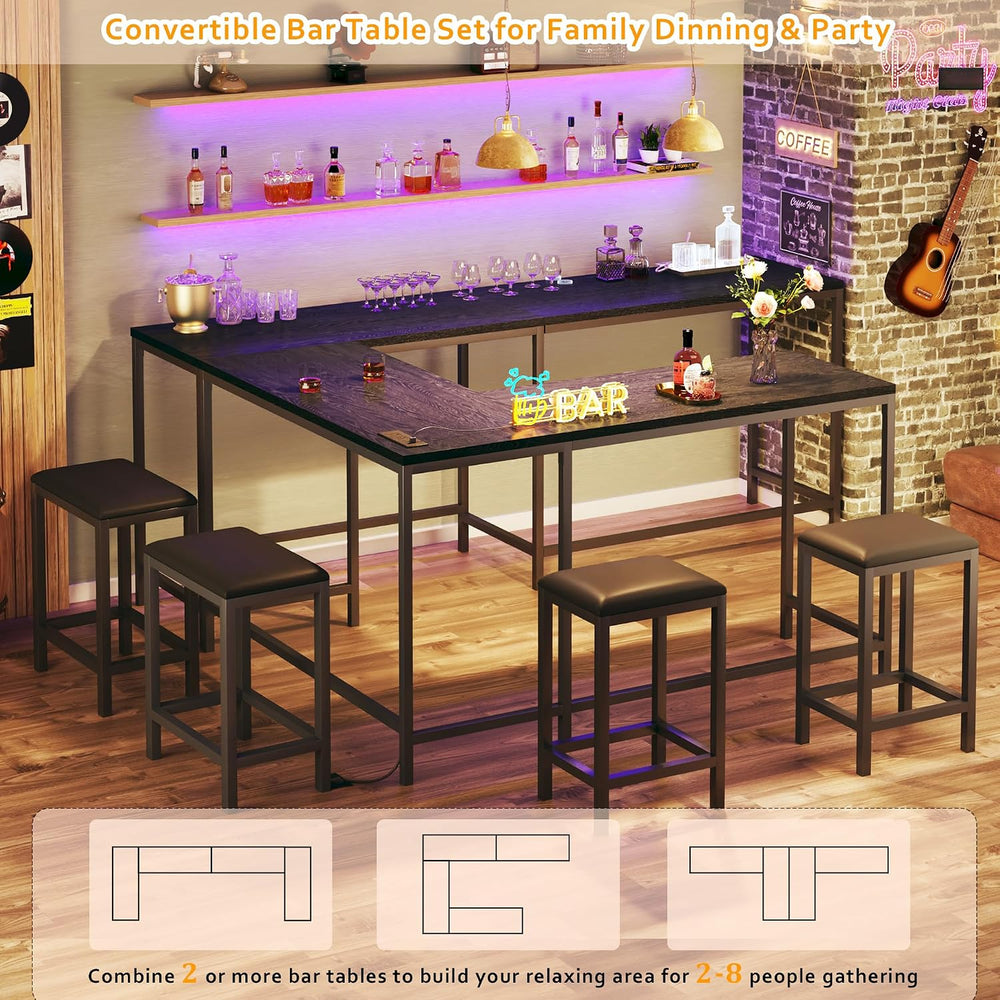 HUAHUU Bar Table and Chairs Set for 2-4, 63'' Convertible L-Shaped Ki...