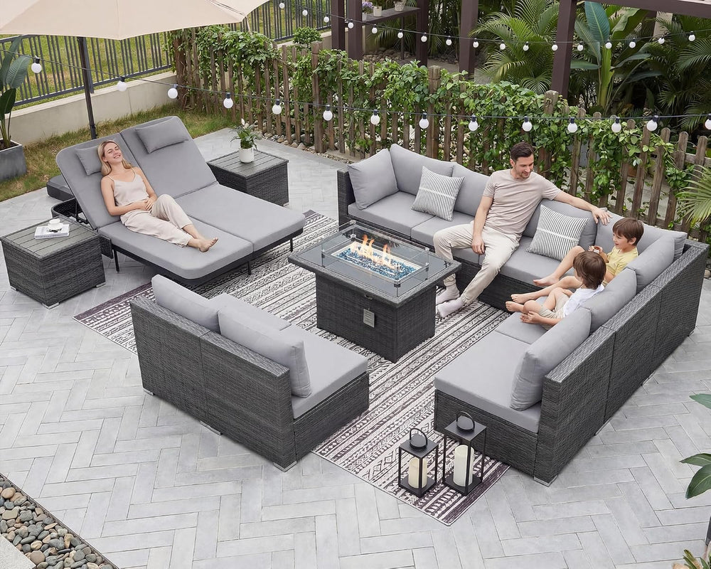 NICESOUL 13 Piece Outdoor Sectional w/Fire Pit Table, Luxury Modular Patio Fu...
