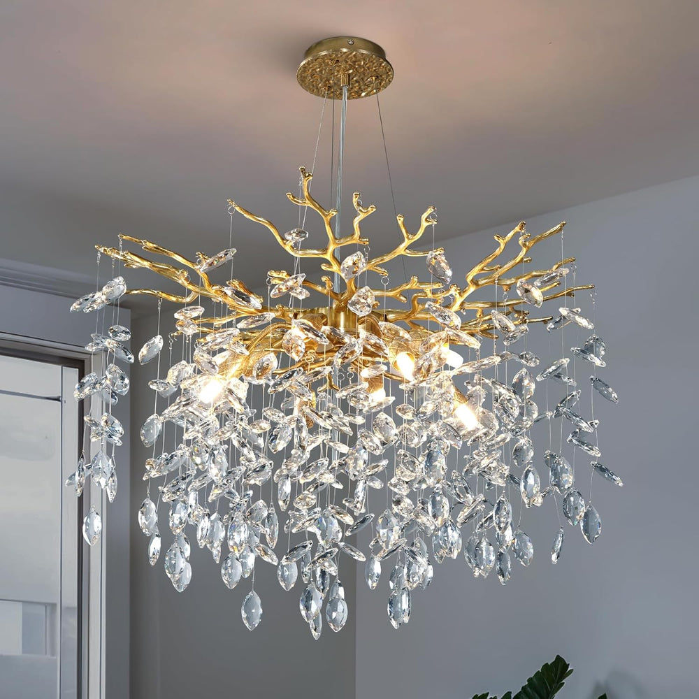 23.6" Modern Gold Tree Branch Chandelier, 8-Light Crystal Chandelier, Lu...