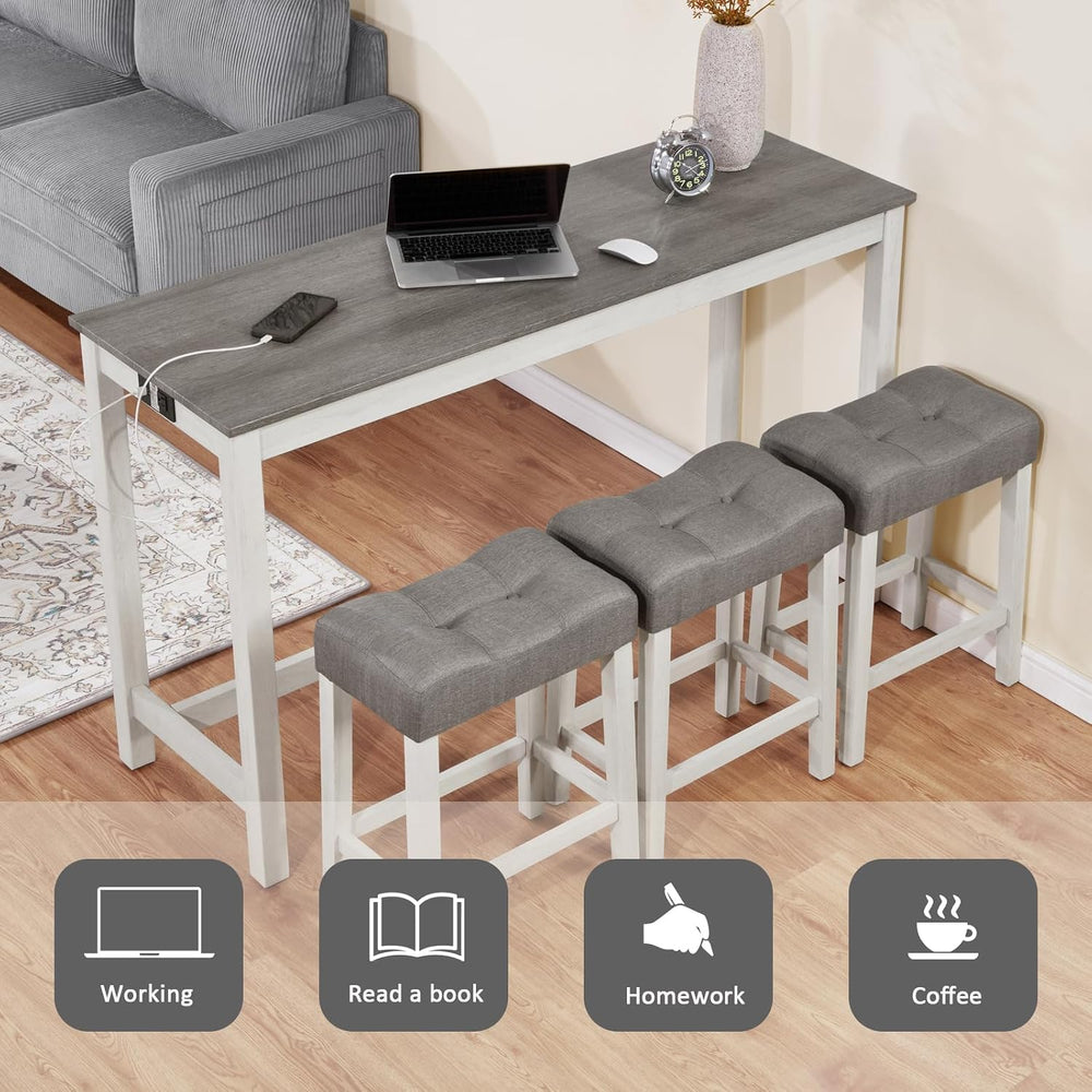 Merax 59 inch Bar Table Set with Power Outlet USB/Type-C, Behind Couch Table ...