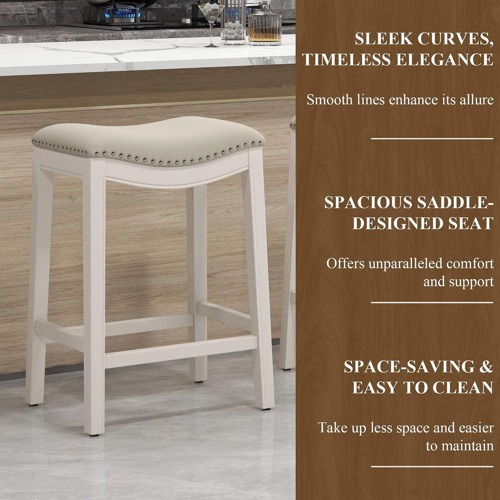 27" Backless Saddle Counter Stools Set of 4, Hand-brushed Wood Finish Legs