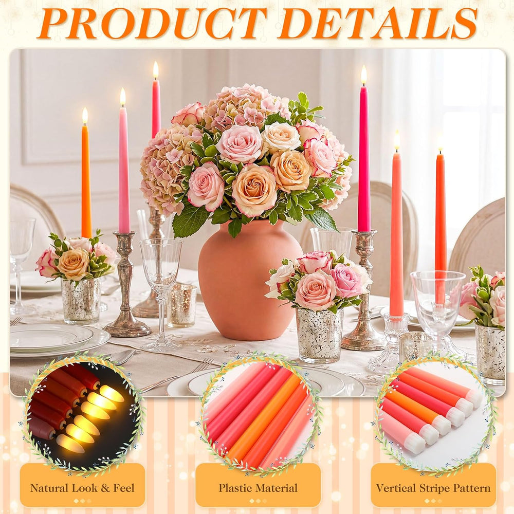 Baquler 24 Pcs 11'' Pink Orange Flameless Taper Candle Colorful Candl...