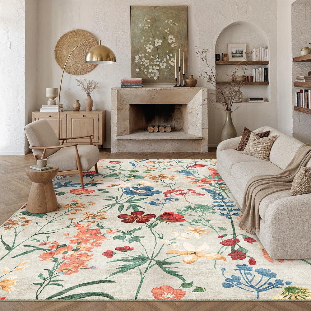 PureCozy Washable Floral Area Rug 6x9 for Living Room Vintage Beige Carpet