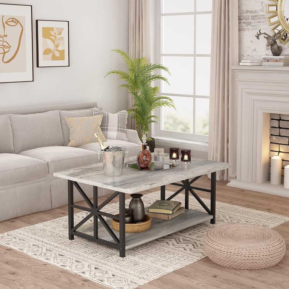 AWQM Gray Coffee Table for Living Room with Round Corners, 2 Tier Living Room...