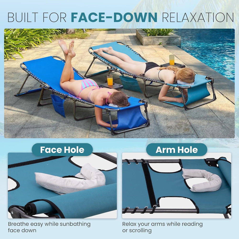 FUNDANGO 400lbs Heavy Duty Tanning Chair with Face Hole & Canopy, Cyan