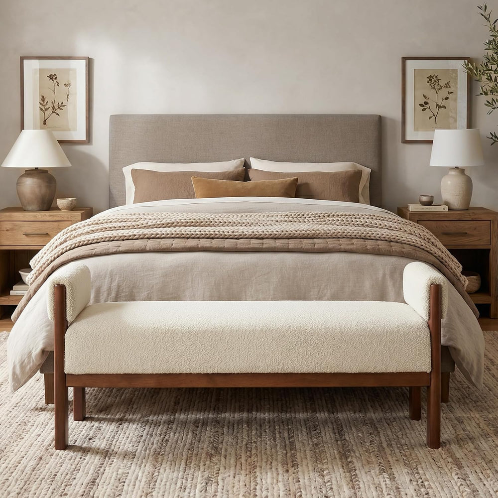 VKNOW 51.8”End of Bed Bench Upholstered Bedroom Bench with Arms, Beige
