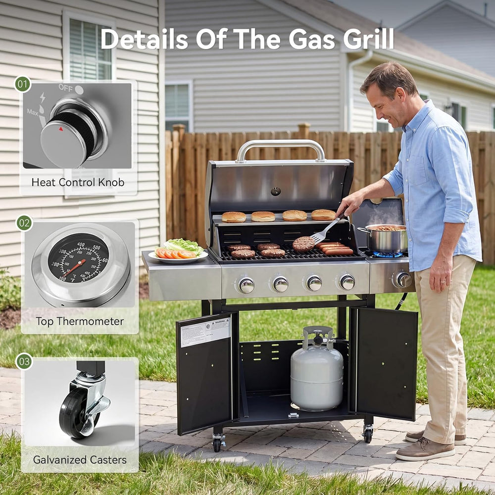 Aoxun 4-Burner 49000 BTU Propane Grill with Side Burner, Black