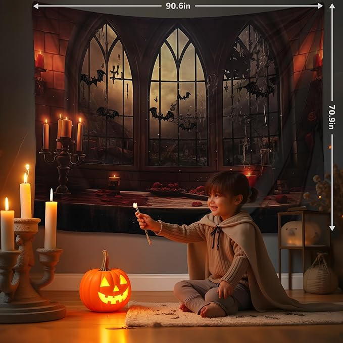 QGHOT Halloween Tapestry Wall Hanging Horror Castle Window Tapestry Gothic Sp...