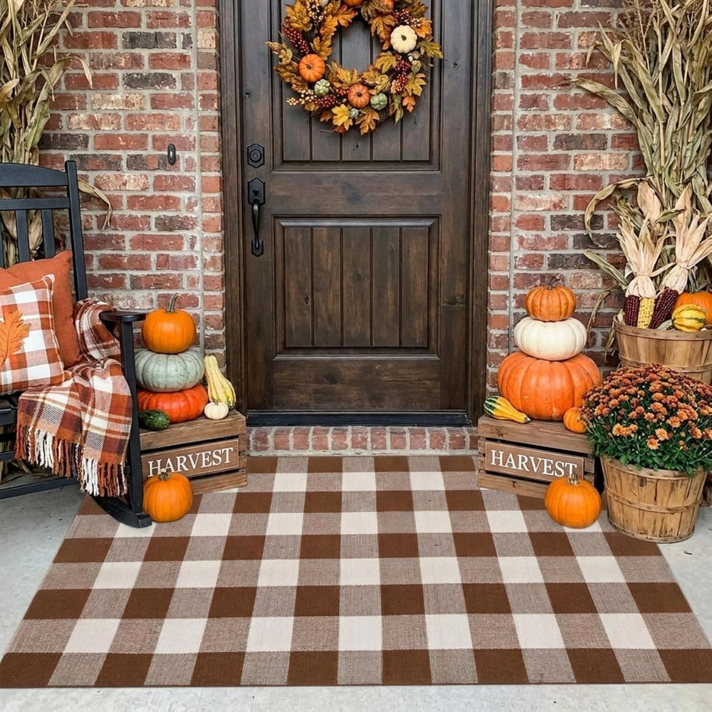 Fall Decor Buffalo Plaid Outdoor Rug 3x5 Ft Coffee and White Checkered Area R...
