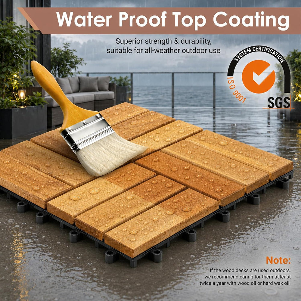 PrimeZone 81 PCS Solid Acacia Wood Interlocking Patio Deck Tiles Outdoor