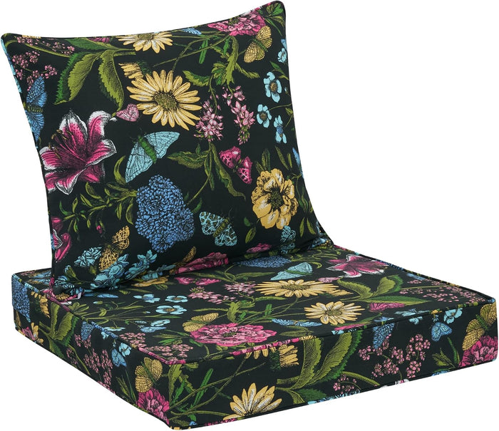 FUNHOME Outdoor Seat Cushion Set 24 x 24 x 4 Inch-Black Flower Butterfly