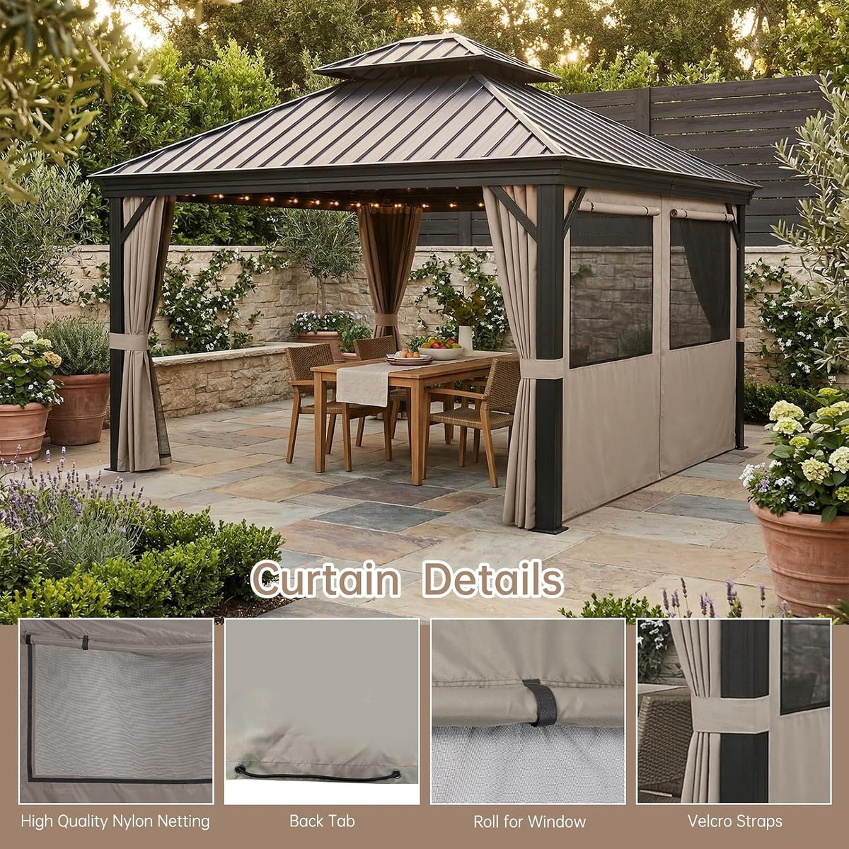10x12 gazebo curtains outdoor waterproof, 4 privacy side, close-up detail