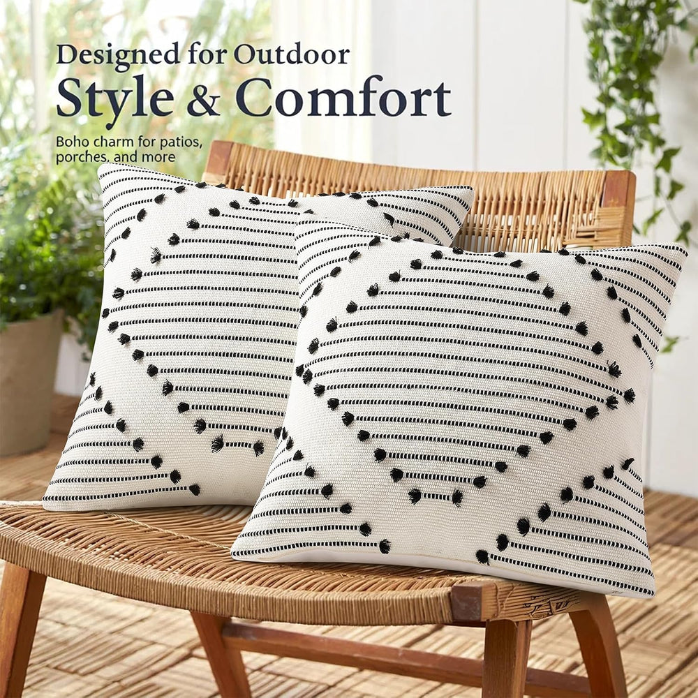 Mecatny Boho Outdoor Throw Pillow Covers 20x20 Set of 2 Black & Cream White
