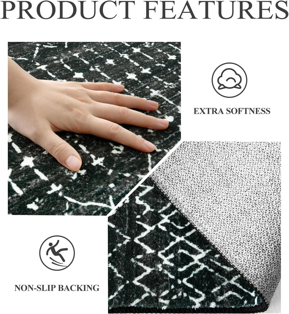Lahome Moroccan Black Area Rug for Living Room 3x5 Non-Slip Washable Stain Re...