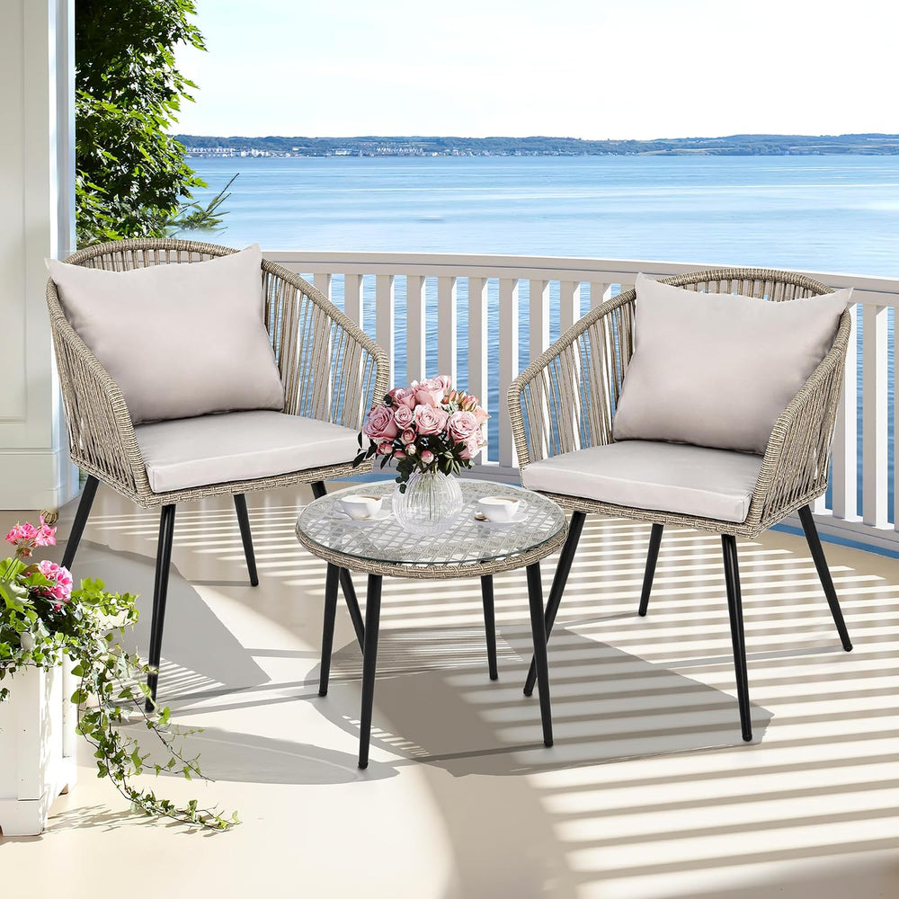 YITAHOME 3-Piece Wicker Small Patio Balcony Chair Set, Outdoor Rattan Convers...