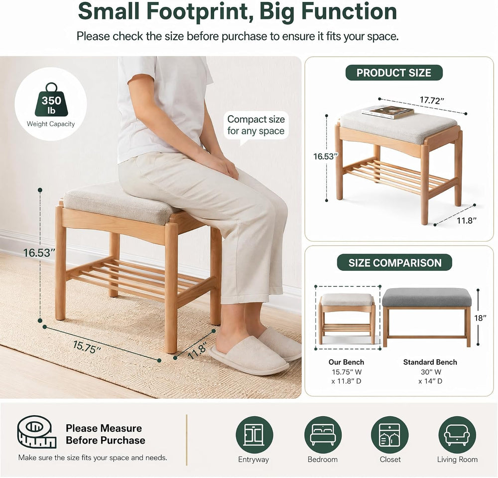 Solid Wood Shoe Bench, Small Entryway Bench with Light Gray Cushion